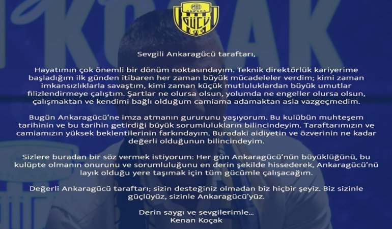 Ankaragücü’nün yeni teknik direktörü Kenan Koçak taraftarlara mesaj iletti